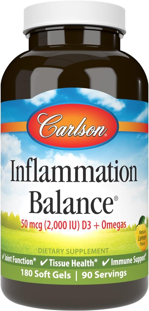Carlson - 炎症平衡,平衡的Omega-3和Omega-6比率,有D3,挪威语,野生捕食鱼油加脂肪酸补充剂,可持续来源的鱼油盖,180软胶