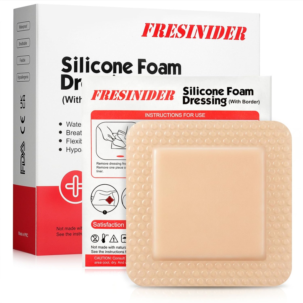 FRESINIDER 硅酮泡沫装配加固边框 – 伤痕包扎 – 硅酮泡沫帕德 – 包装 10 — 4×4英寸大防水带 – 自粘性伤痕护理和服装