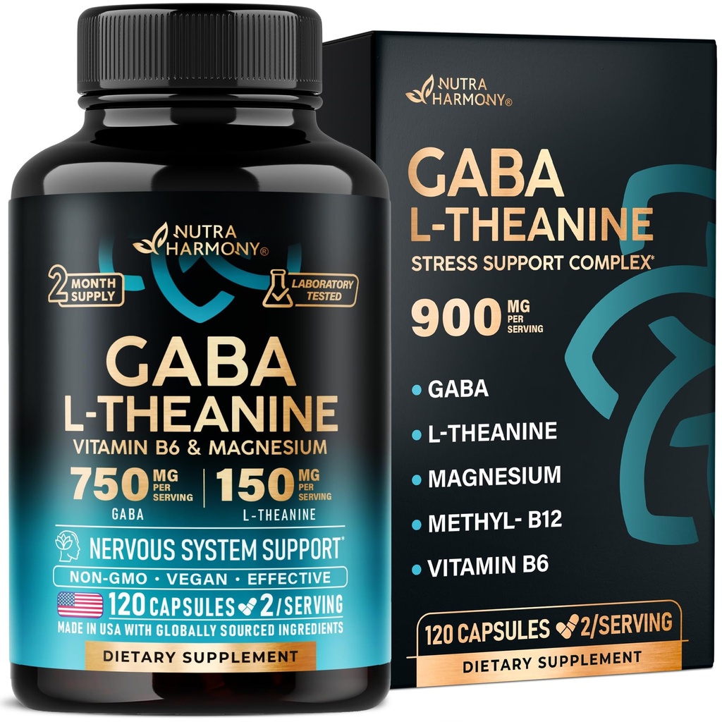 GABA L-thenine 900 mg - 在美国制造 - 镁 - 维生素 B6 - 冷静,睡眠,放松和Mood支持 - 750 mg Gamma 氨基丁酸,150 mg L-Thenine - 非哈比特成型,Vegan - 120 capsules