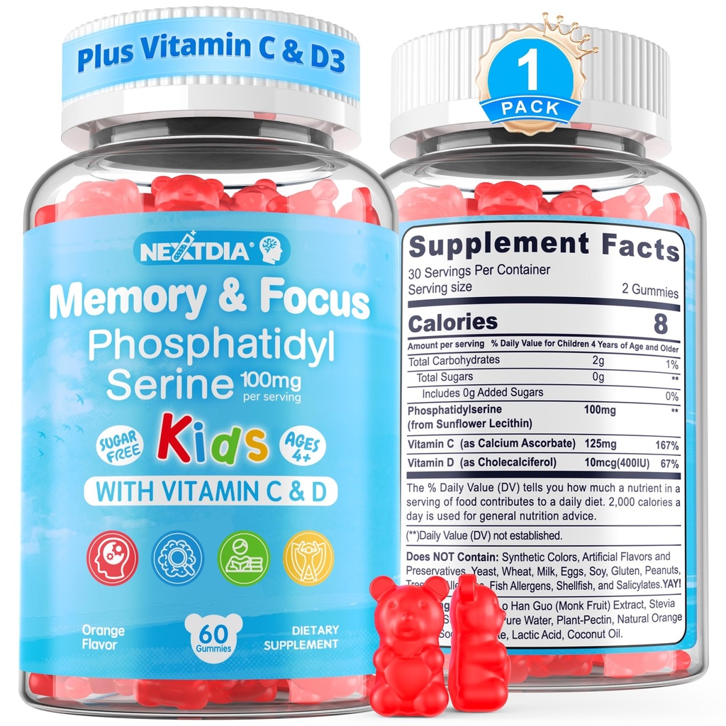Phosphatidylserine Supplement 100mg, " 少年儿童重点Gummys + 维生素C和D3 400IU " , " 无糖儿童大脑Gummys " , " 增加注意力和浓度 " , " Chewable " , " Vegan " , " Gluten Free " , " 非GMO 60Cts "