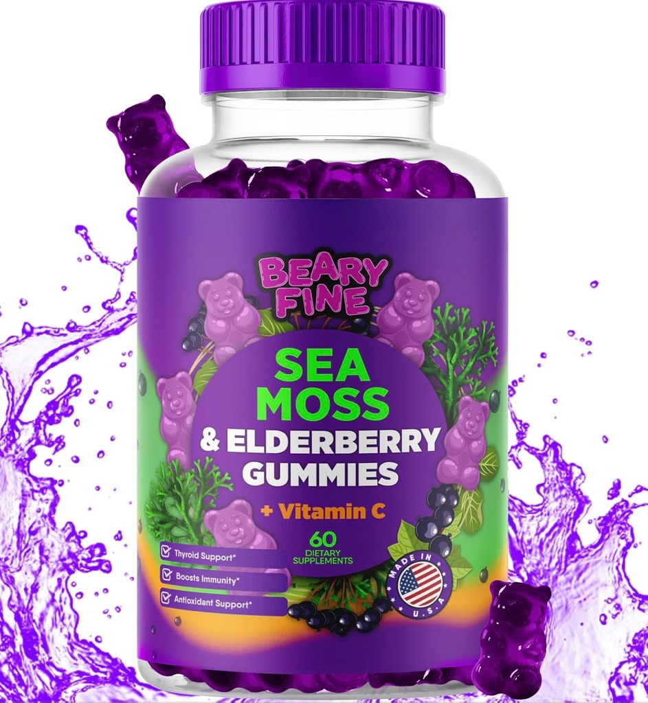 Sea Moss Gummys & Elderberry - 维生素C + Zinc – 超强Immune & 甲状腺支持助推器 Gummy Bears for Kids & 成人 - 60 Seamos Gummys - 在美国制造.
