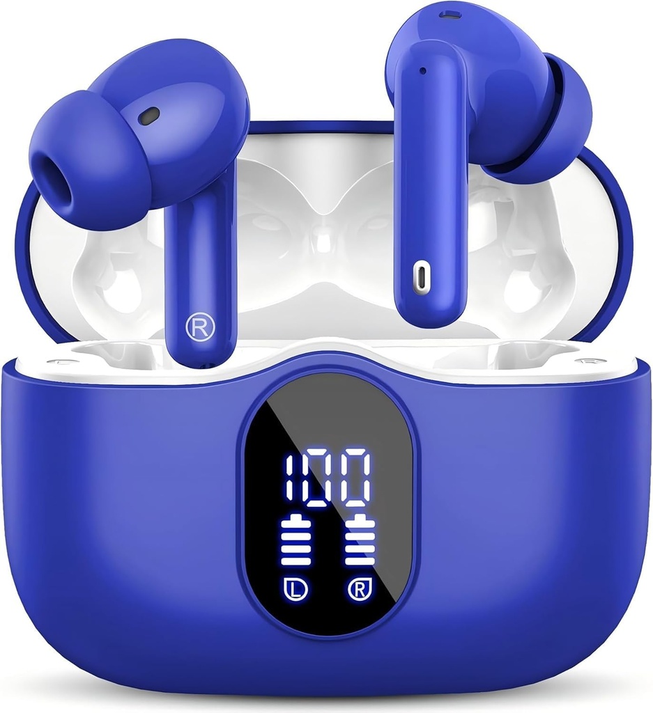 无线耳机蓝牙 5.3 带噪声的Bass Stereo耳机Buds 在耳机中取消 Mic LED 显示 IP7 防水 36H 笔记本电脑Pad Phones Sports Workout Blue的游戏时间