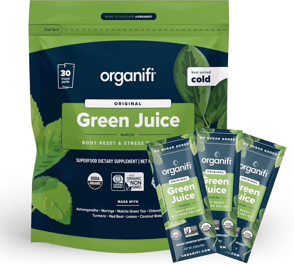 Organifi: GO Packs - 绿汁 - 有机超级食品补充粉 - 30 旅行包 - 有机维冈绿皮 - 水合剂和振兴