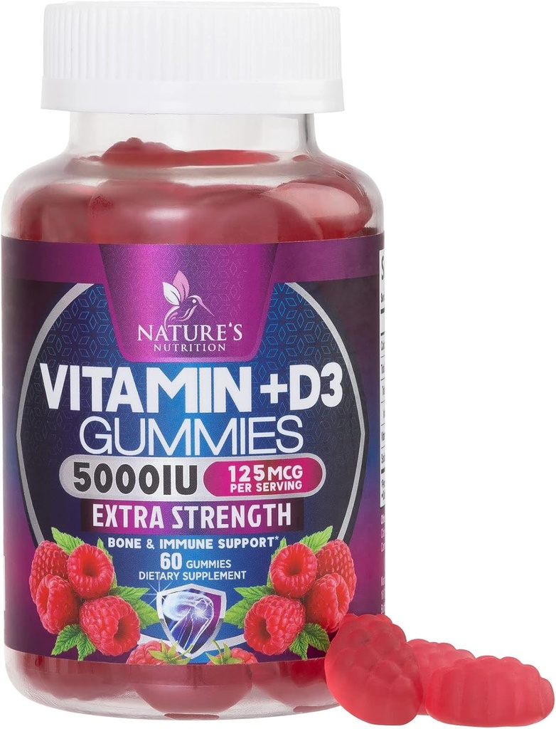 维生素D3 补充Gummy 5000 IU(125 mcg) 男女饮食维生素D - Bone, Teeth, Muscle和Immune健康支持,HighPotency VIT D3 自然的非GMO和Gluten Free - 60 Gummies