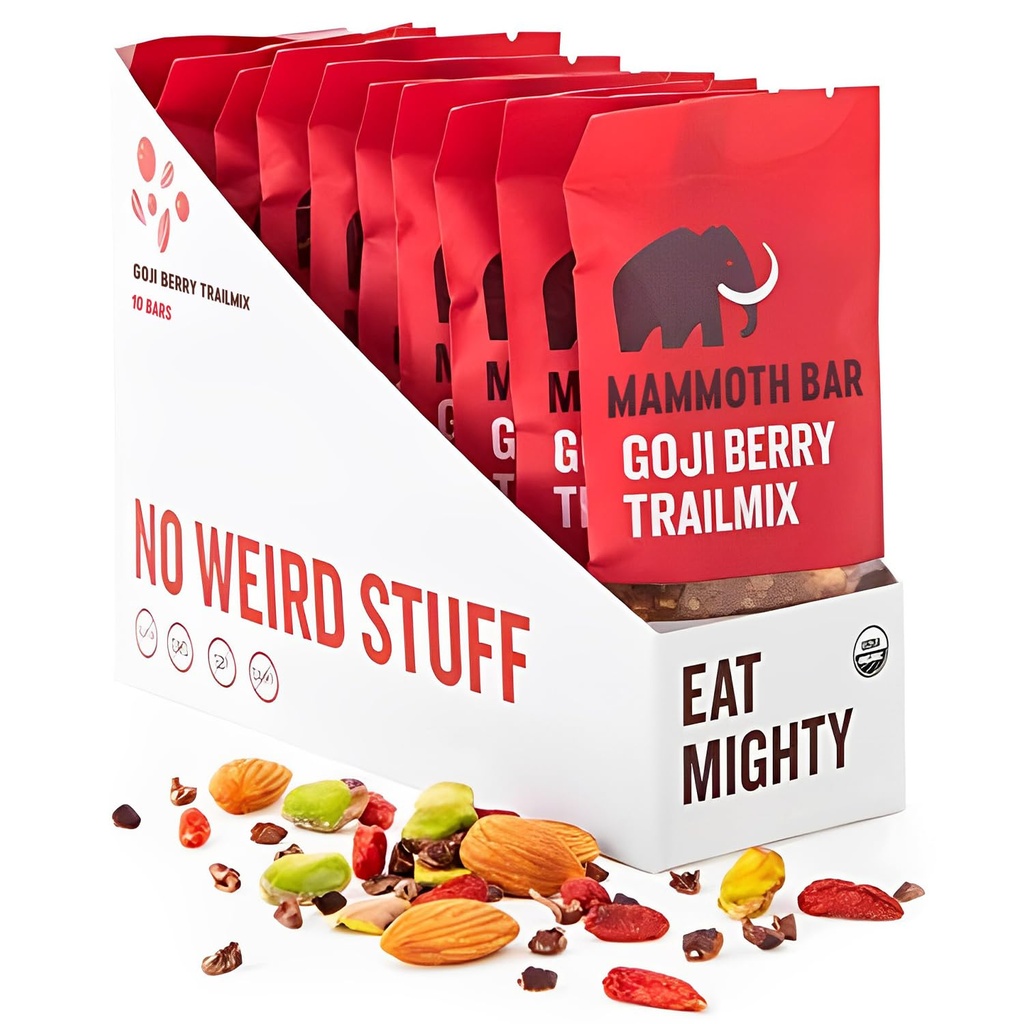 (原始内容存档于2018-03-27). Mammoth Bar Goji Berry Trail Mix - 10 有机蛋白棒 – Prebiotic – Paleo – Gluten Free – Egg Protein – GMO Free – Raw – Premium Nuts