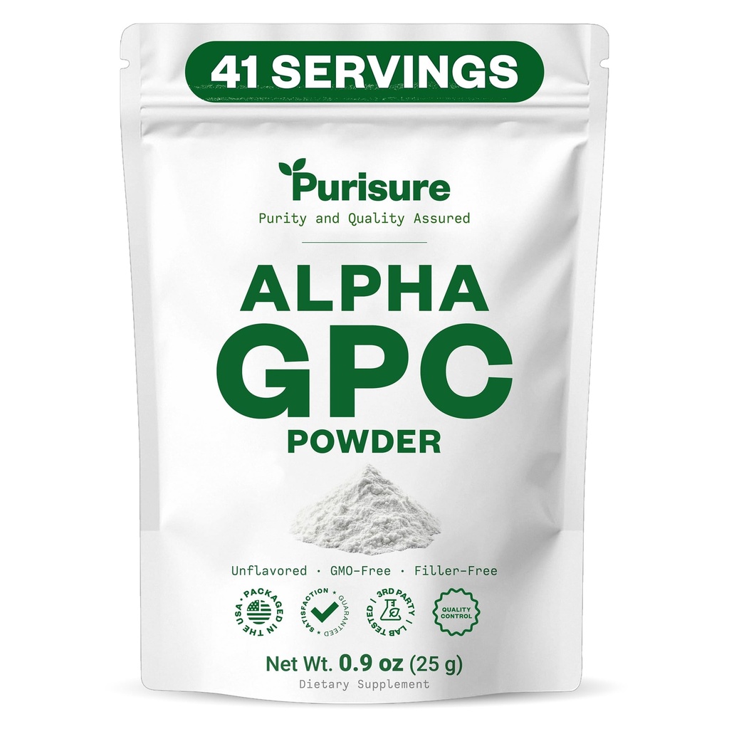 Purisure Alpha GPC粉,25 g,纯Alpha GPC Choline 大脑和焦点补充,CDP Choline 记忆性能和集中补充,无填充器,非GMO,提供42服务