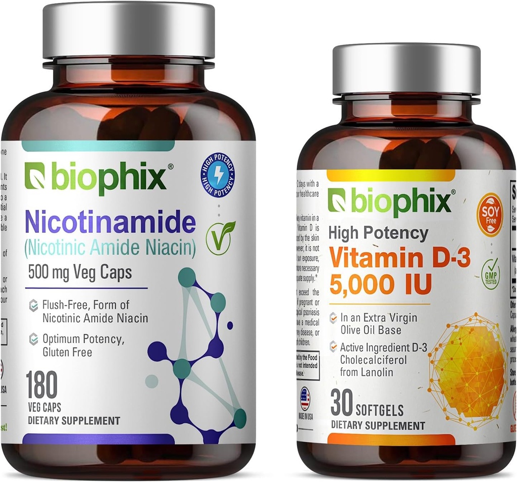 B-3 Nicotinamide 500 mg 180 Vcaps Plus 自由维生素 D-3 5000 IU 30 软胶 - Nicotinic Amide Niacin 天然无氟维生素配方 - 支持皮肤细胞健康