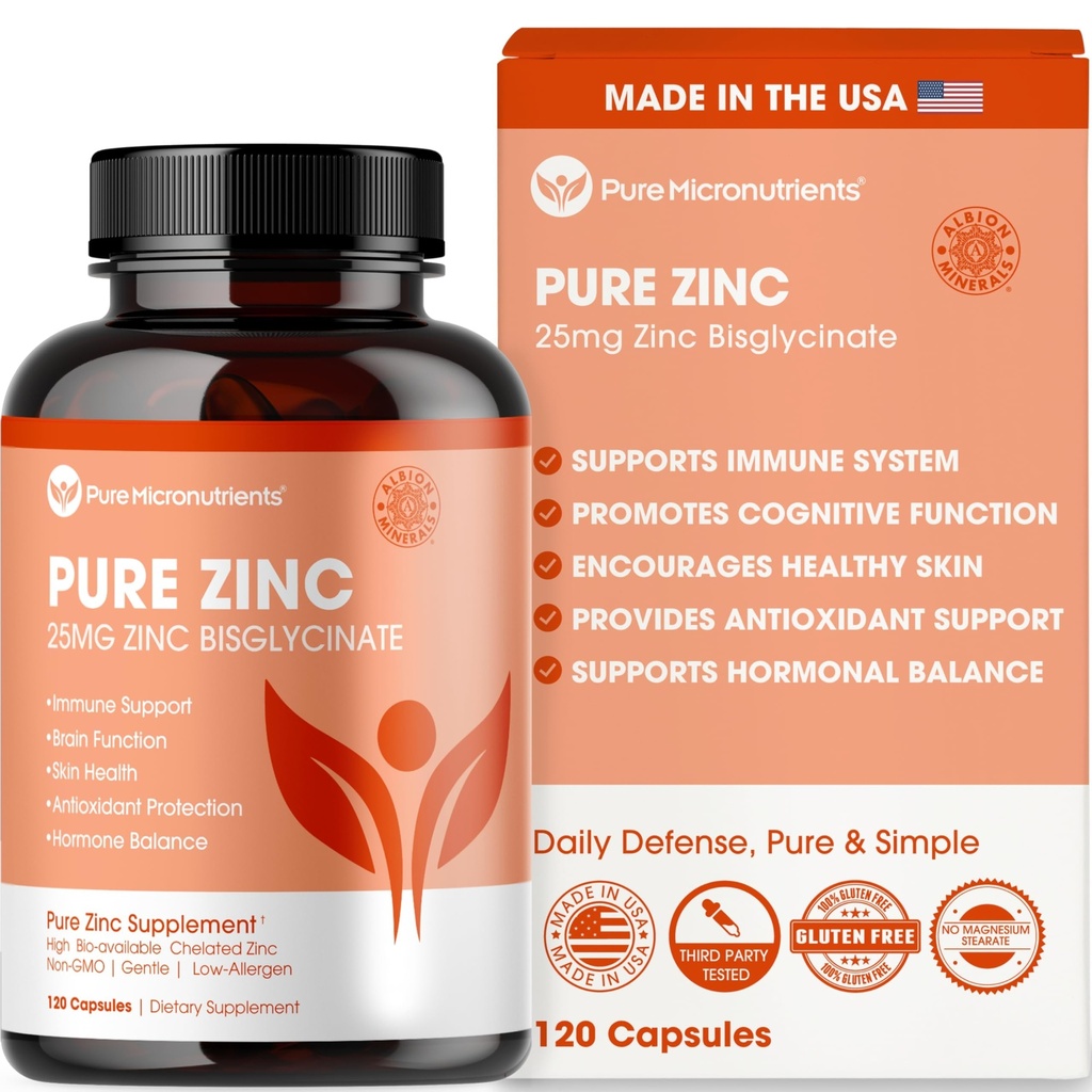 纯锌补充剂 25mg - TRAACS Bisglycnate Chelate - 120 Capsules for Immune Support, Skin Health and Energy - 供男子和妇女使用