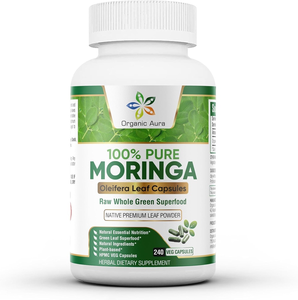 有机Aura Moringa Capsules - 240 Ct批发包. 能源、代谢、哺乳、豁免和联合保健的Raw Moringa Leaf副刊。 全叶绿超食品营养.