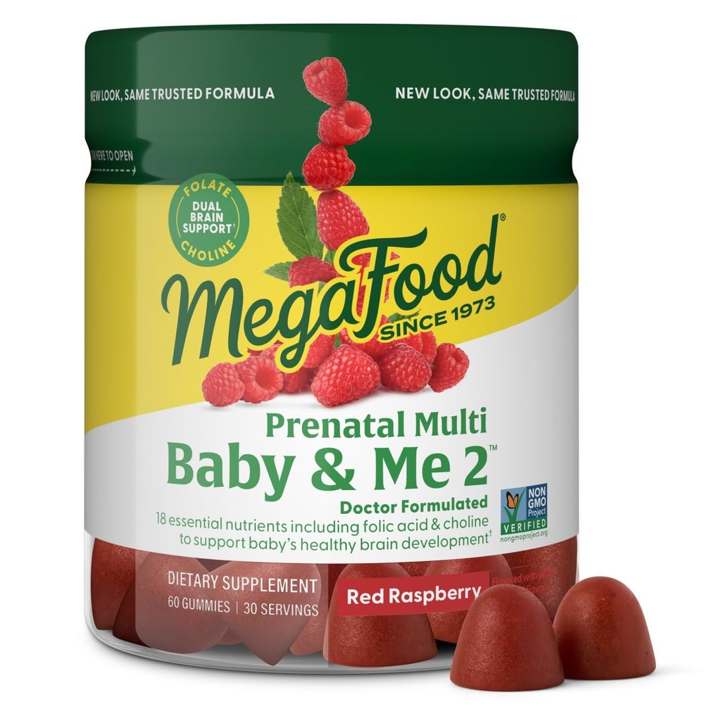 MegaFood Baby & Me 2 含叶酸的孕妇产前维生素和婴儿脑发育胆碱;+ 真正的水果-红莓火焰-60名孕妇(30人服务)