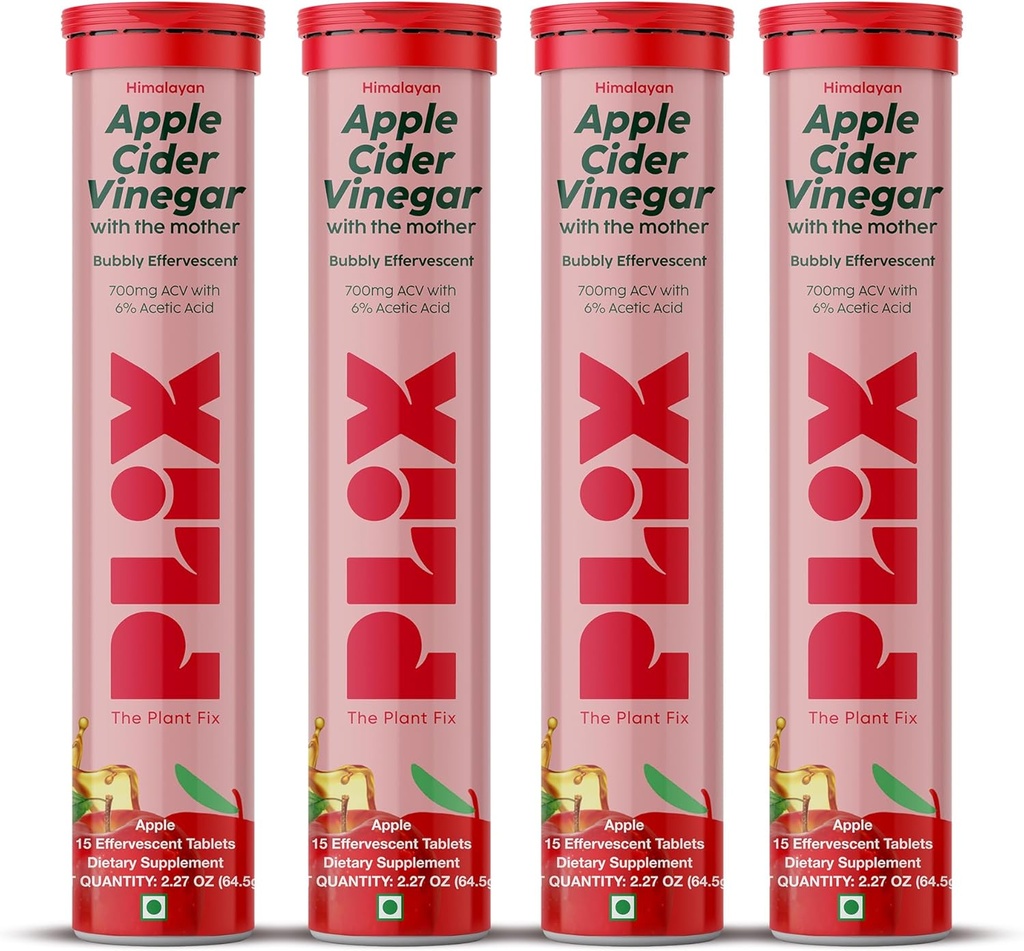 PLIX Apple Cider Vinegar Effervescent Tables with The Mother, 700mg ACV with VIT B12, B6, Pack of 4 QQ Vegan, 无添加糖, 非GMO 和 Gluten 无糖