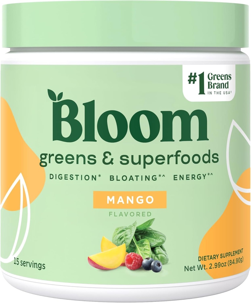 布鲁姆营养超食品 绿皮粉 消化酶 w/Probiotics & Prebiotics, Gut Health, Bloating Relief for Women, Chlorella, 15 SVG (15 services (Pack of 1), 芒果)