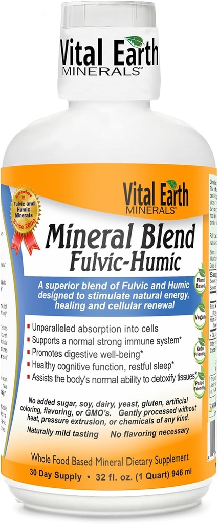 重要地球矿物 Fulvic Humic Mineral Blend Liquid – Fulvic Acid 补充70+ Trace Minerals, 用于回收、平衡和能源的电解剂, 32 Oz + 1 Oz 杯