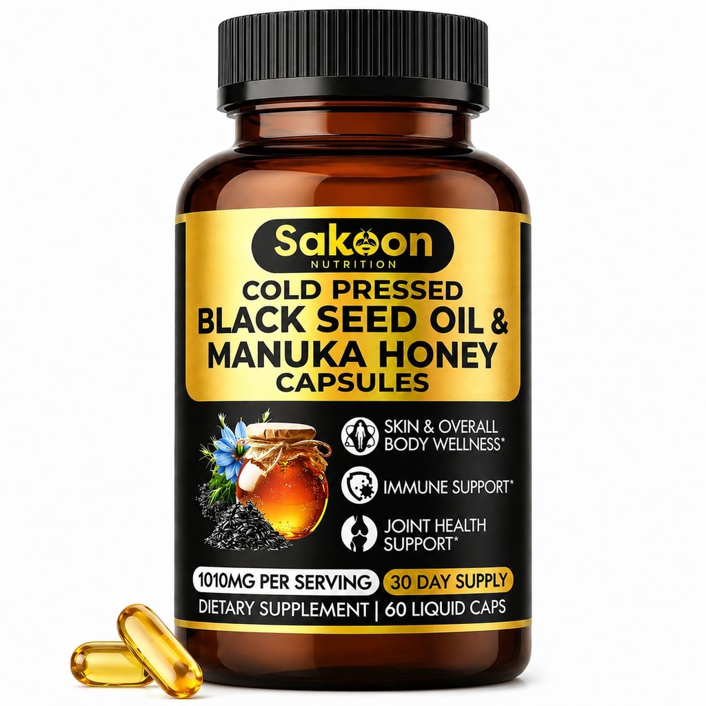 黑种子油盖-用新西兰玛努卡蜂蜜,冷压土耳其奈杰拉·萨蒂瓦油,2%Thymoquinone,Immune & 消化支持,美国制造,60个伯爵,每架1010毫克