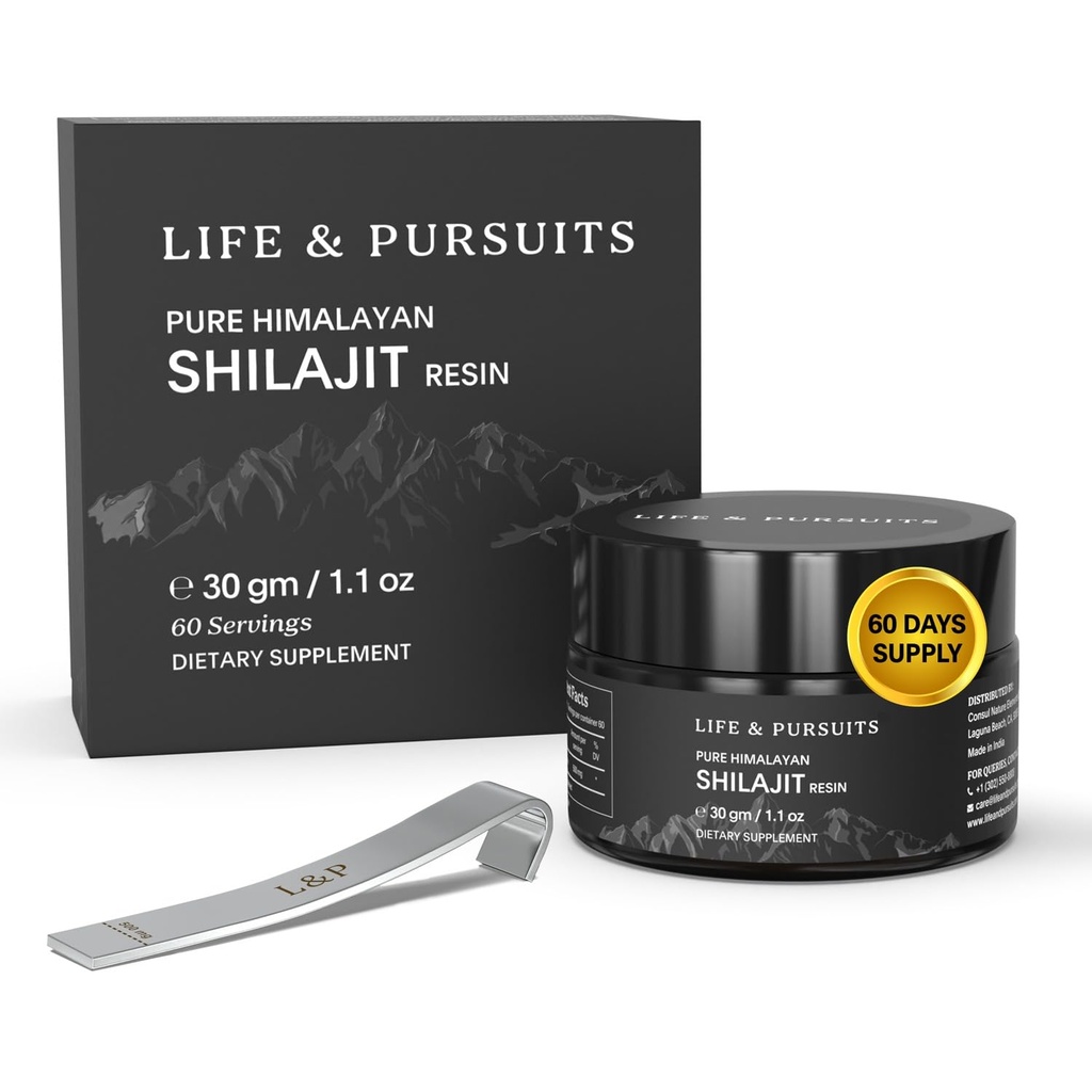 生活与追求 100% 纯真印度 喜马拉雅 Shilajit Resin, 1.1 oz 500mg, 最低 75% 富尔维奇酸, 85+ 追踪矿物, 男子的饮食补充 第三方实验室测试报告, 60种服务(包1)