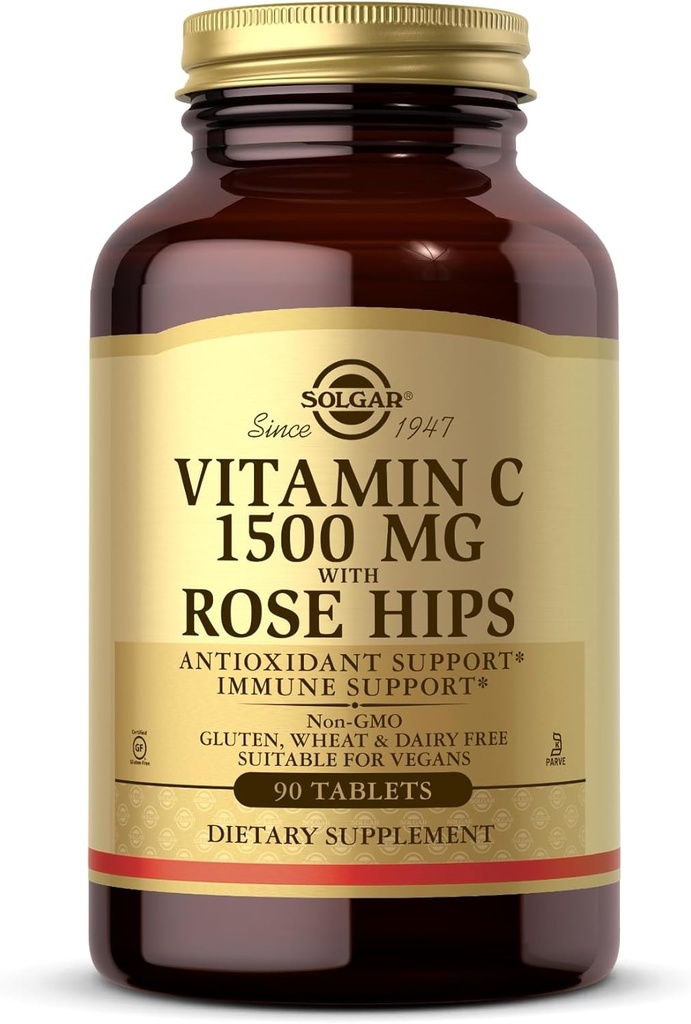 Solgar Vitamin C 1500 mg 配有 Rose HIPS, 90 片 - 抗氧化剂和免疫支持 - 总体健康 - 支持健康皮肤和联合体 - 非GMO, Vegan, Gluten Free, 乳制品自由, Kosher - 90 服务
