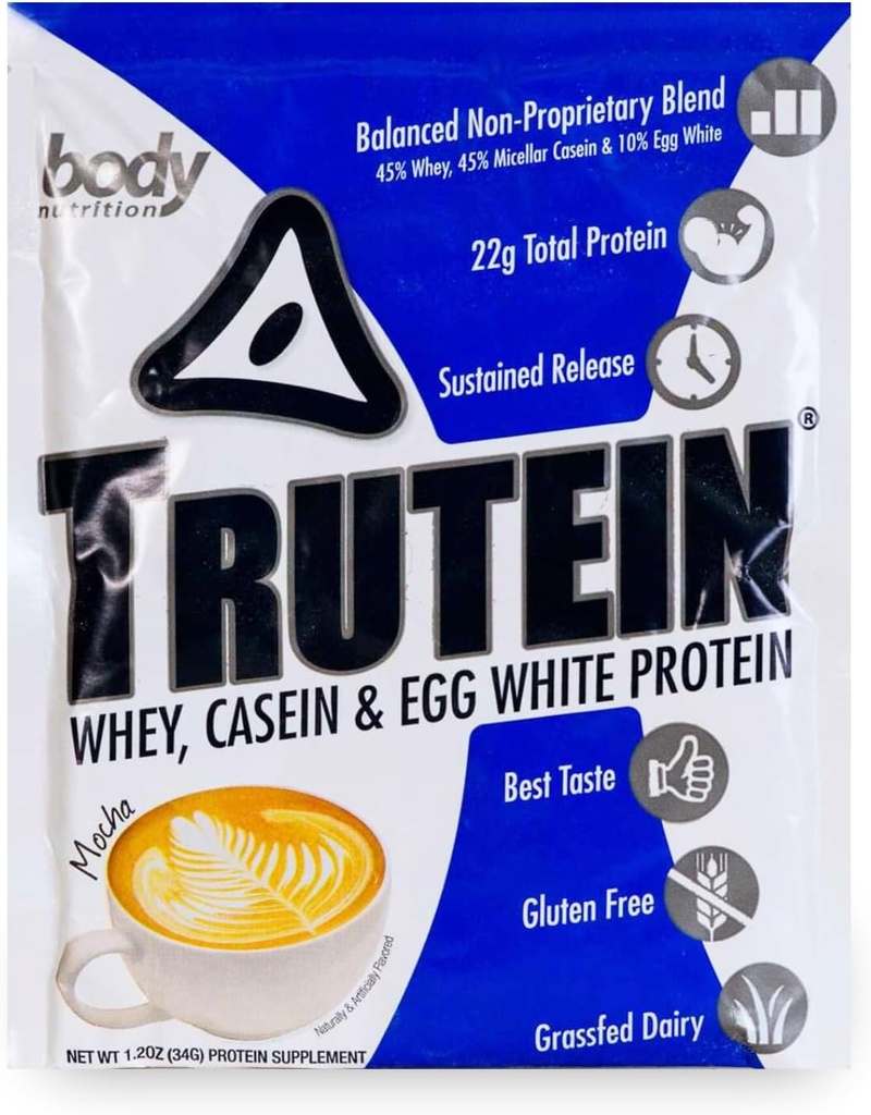 体营养 特鲁特因高蛋白粉:45% Whey,45% Casein,10% Egg White, Gluten-Free, Low Sodium, Grass Fed Whey蛋白粉, Gym 补充和早餐摇摆, Mocha, 34g 样本