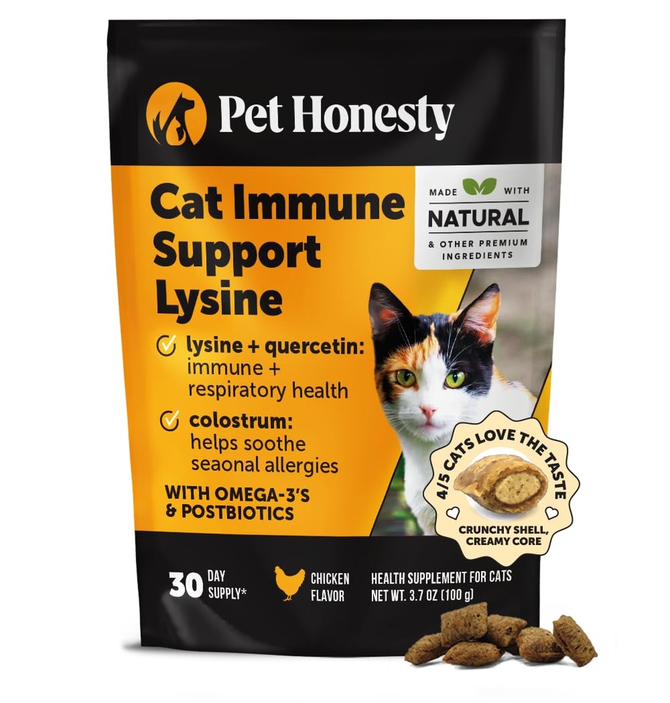 Cat Imune Supports Lysine – 对有L-Lysine, Colostrum, Quercetin & Omega-3的猫的过敏救济和免疫健康补充 – Soothes喷嚏, Runny Nose & Ichy Skin Chicken, (30日供应)