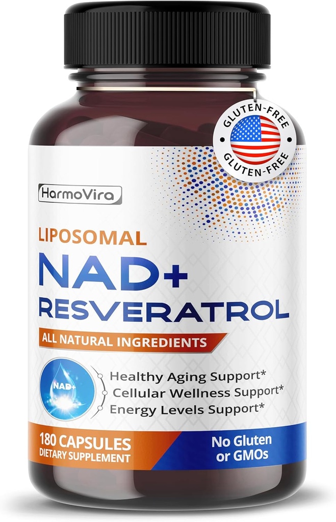 Liposomal NAD+ 600 mg 配有细胞能量和健康衰老的Resveratrol 200mg – 180 Capsules – Vegan, Non-GMO, 美国制造