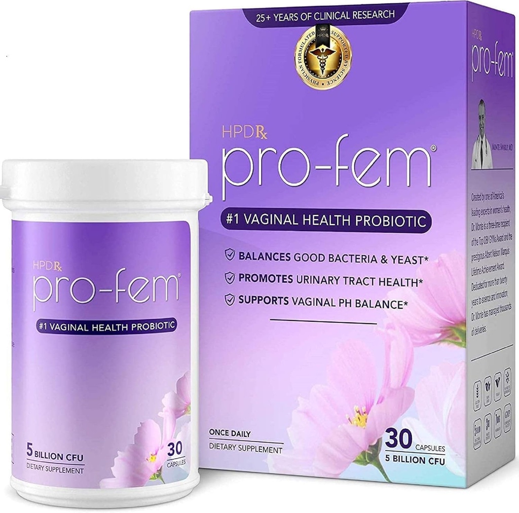 HPD Rx Pro-Fem #1 阴道健康 Probiotic + 阴道Probiotics → 临床证明促进Yeast & PH平衡,尿道Tract Health → 女性Probiotics → 工作7天 → 30 Capsules → 1 Pack