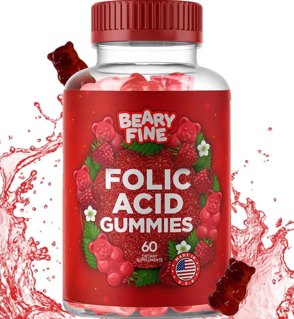 400mcg - 妇女、母亲和婴儿的产前和妊娠必需品 - 60 Raspberry Flate Flate Gumic Vitamins - 在美国制造