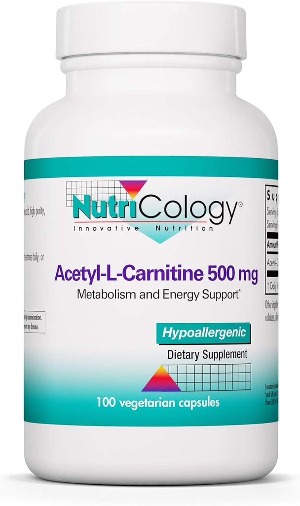营养学 Acetyl-L-Carnitine 500mg 补充物 - 代谢和能量支持,ALC,自由形式氨基酸,蔬菜卡普尔斯 - 100 计数