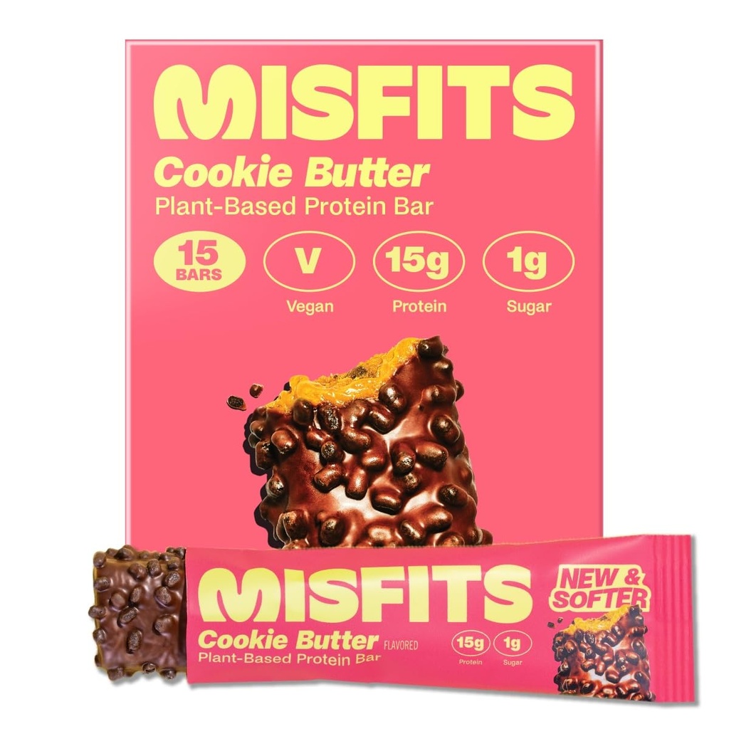 Misfit Vegan蛋白棒, Cookie Butter - 更新的食谱 QQ 植物基, 低糖和碳, 高纤维ack QQ 15包