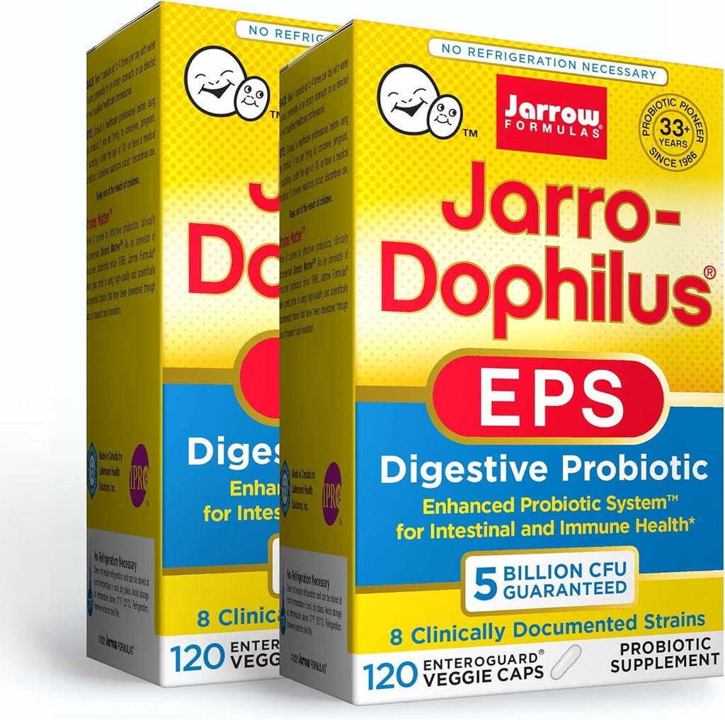 Jarrow Formules Jarro-Dophilus EPS - 5亿个有机体 人均服务量 - 120个肠内染色菌盖,多排增生素 - 肠道和免疫健康,120个计数(包2)