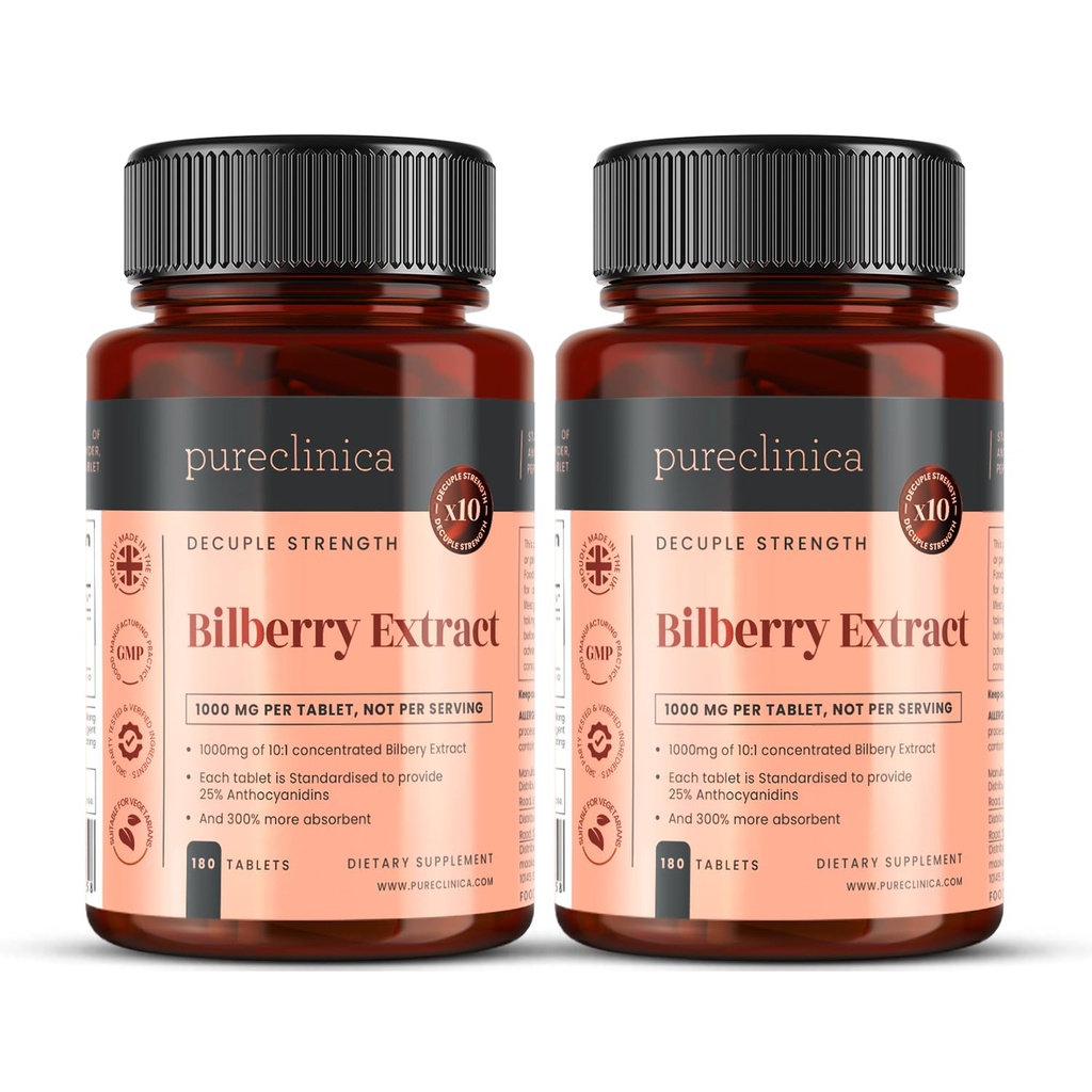 pureclinica Bilberry 提取 10,000 mg x 360 片(2瓶) - 10 X More Anthocyanidins w/ 5 mg 黑椒提取