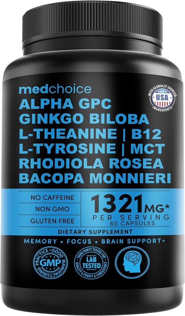 12in-1 Notropic Ginkgo Biloba 大脑支持、记忆和焦点-B12、Alpha GPC、L Theanine和Choline 补充剂,配有生素无咖啡酸1321mg(60cm)