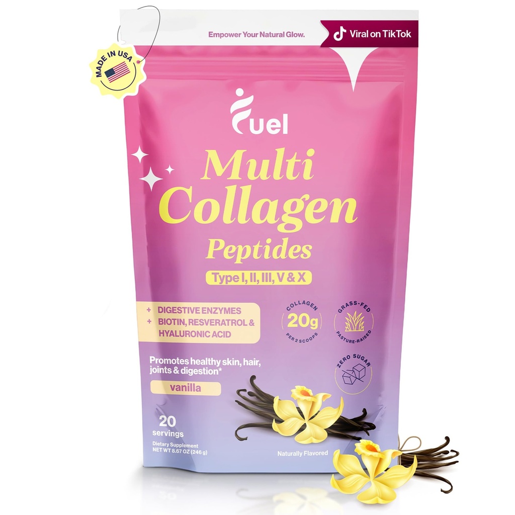 Fuel Multi Collagen Peptides Powder – 20g Hydrolyzed Collagen Types I, II, III, V & X – Hair, Skin, Nails & Joint Support – Keto & Gluten Free – French Vanilla – 20 Servings (8.67oz)