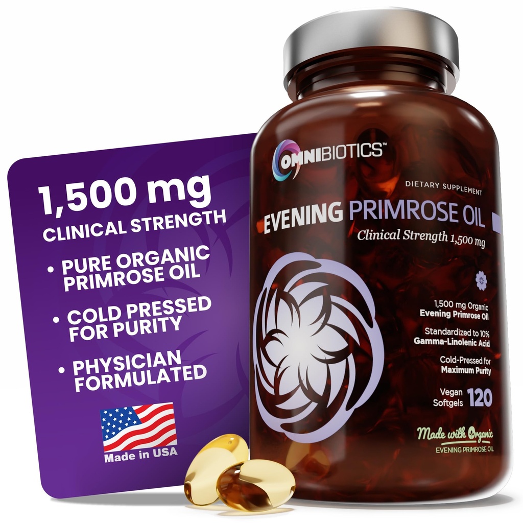 OmniBiotics Organics Official Evening Primrose Oil for Women – Capsule – 临床强度每卡普尔1500mg, 10% GLA, Cold-Pressed, 非GMO, Hormone平衡 for Women - 120 Vegan Softgel Capsules – 120 Vegan Softgel Capsules