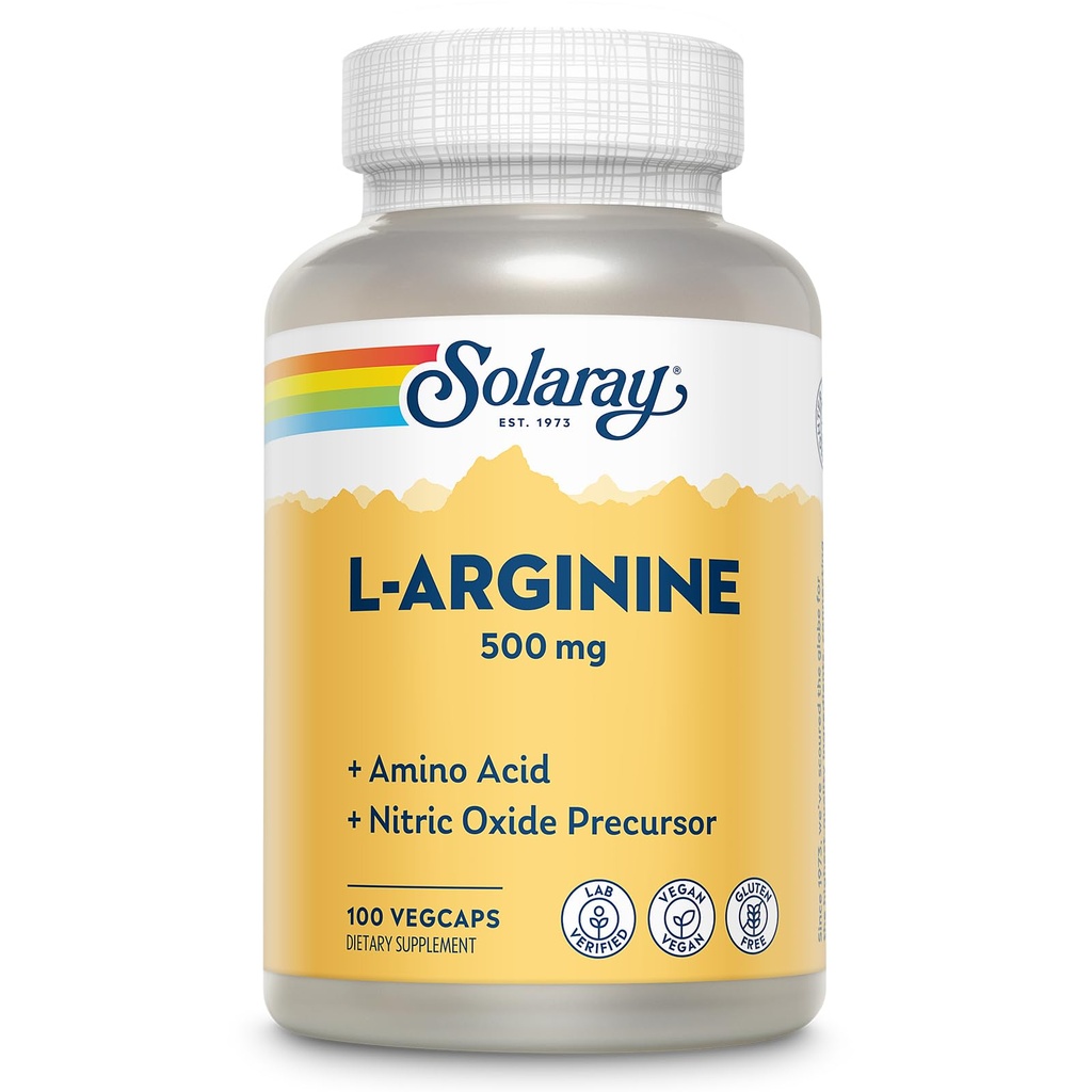 SOLARAY L-Arginine 500毫克、硝氧补充剂、耐力、能源、心脏健康支助、100种服务、100种蔬菜