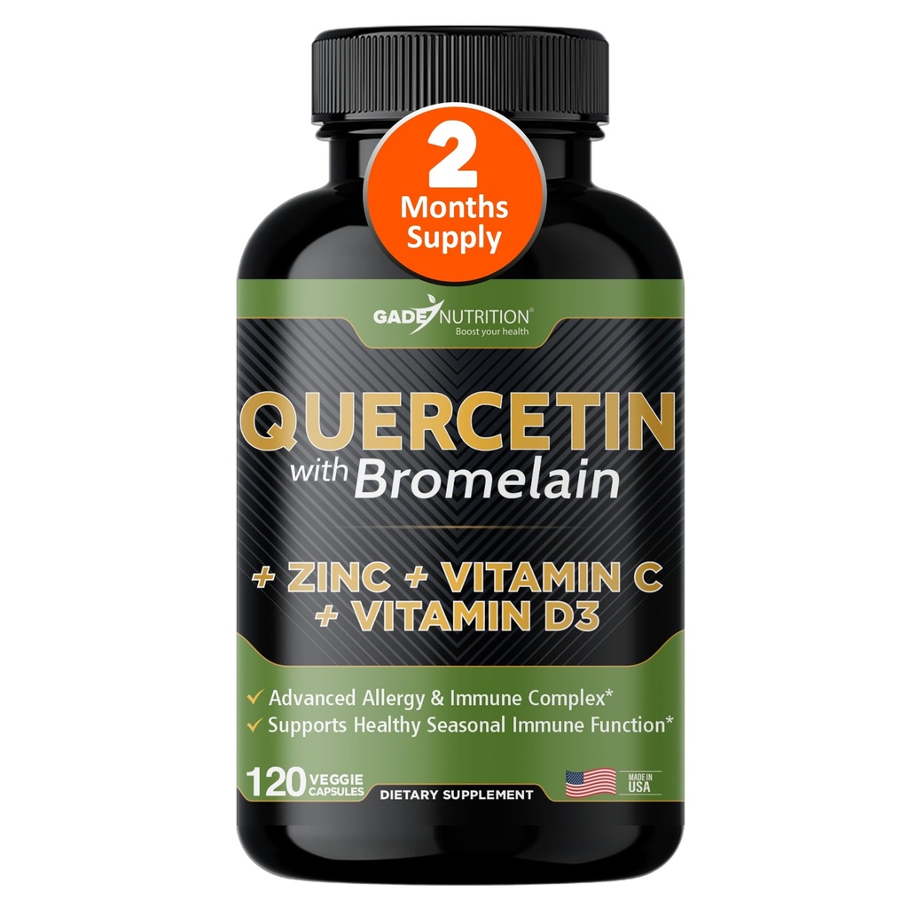 Gade 营养素 Quercetin with Bromelain Vitamin C and Zinc Vitamin D3 → 免疫支持补编,载于 Capsules → Non-GMO, Gluten-Free, Vegan → 美国制造 → → 2个月供给