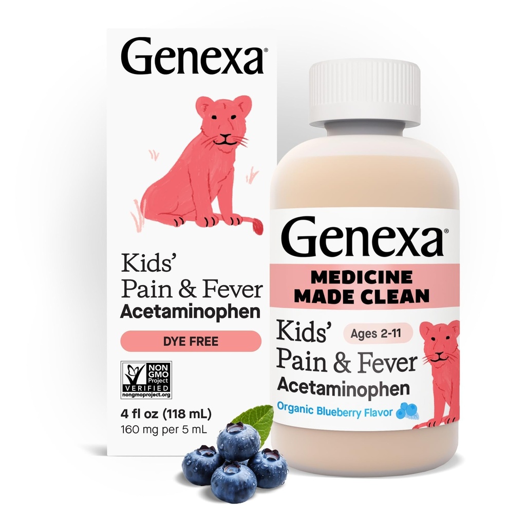Genexa Children's Clean Acetaminophen 儿童首选食品 儿童减肥剂 儿童减肥剂 免费 零人工添加剂 年龄 2-11 美味有机蓝莓液体 4 floz