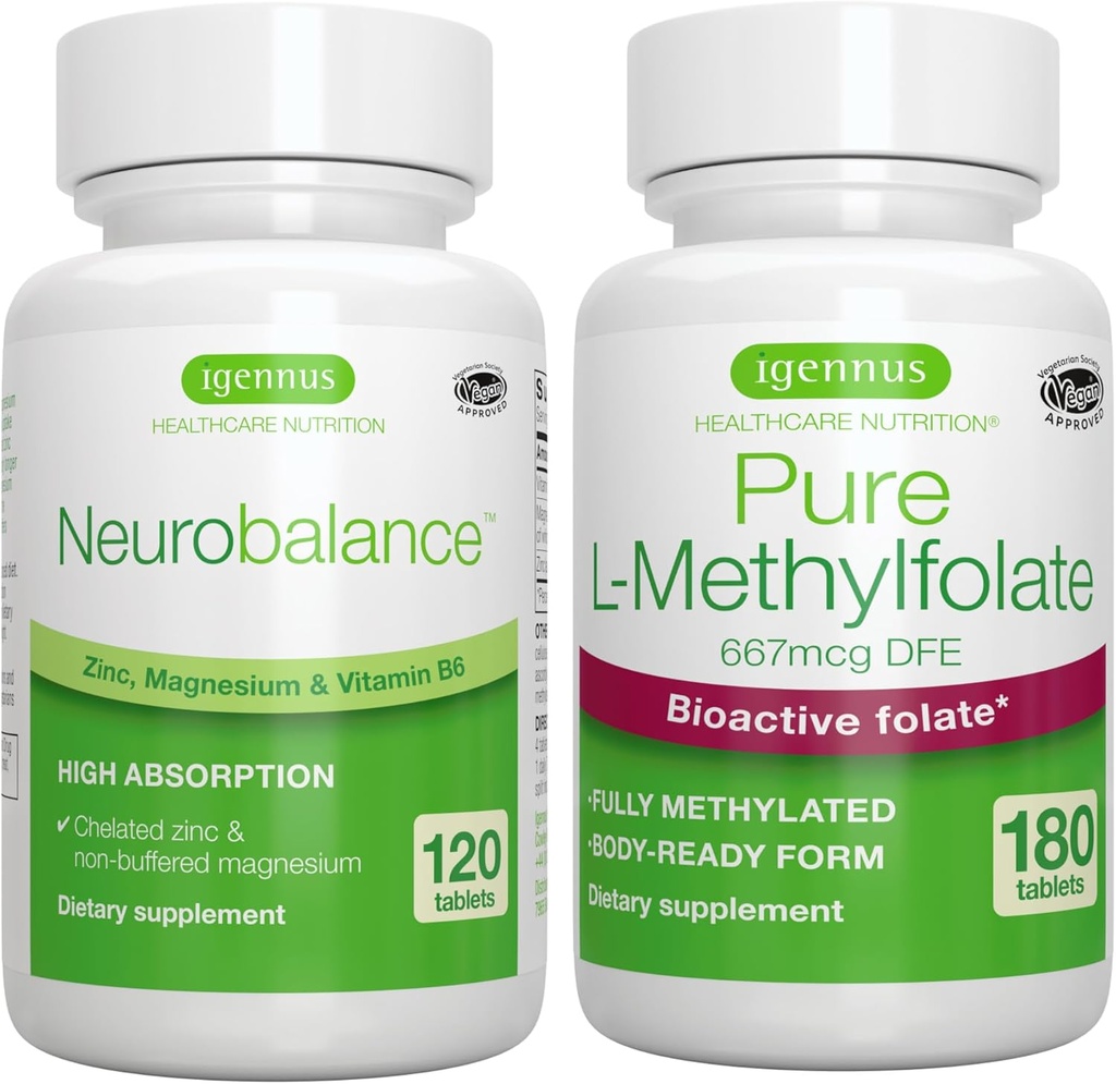 神经平衡锌、镁和维生素B6 + 纯Folate 400mcg Vegan Bundle、Chelated Zinc Piclinate 24mg、无氧镁和维生素B6 + 优化L-Methylfolate,由Igennus编写