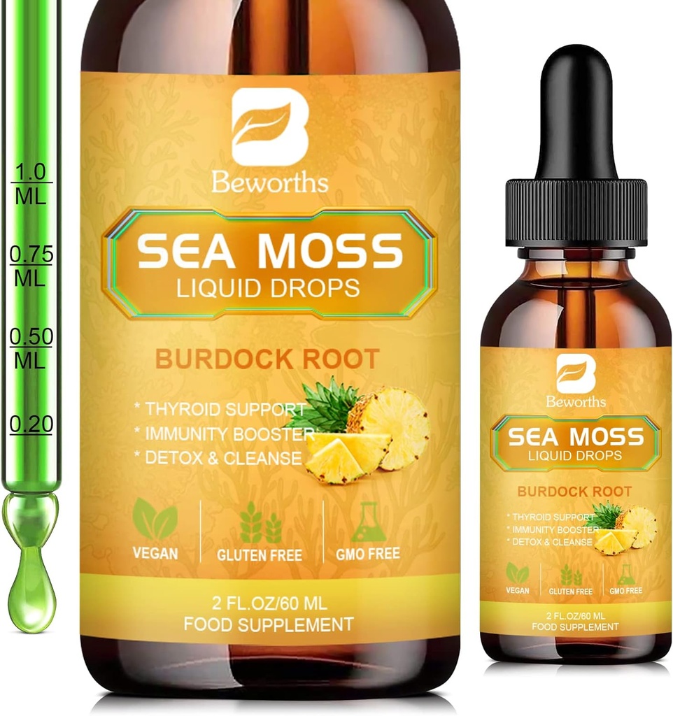 Sea Moss液滴 - 爱尔兰有机海 Moss Gel 配有 Spirulina, Bladderwrack, Burdock Root, Pinapple Seamoss Gel 联合,解毒清洁和消化支持 - 2 Fl Oz, Vegan