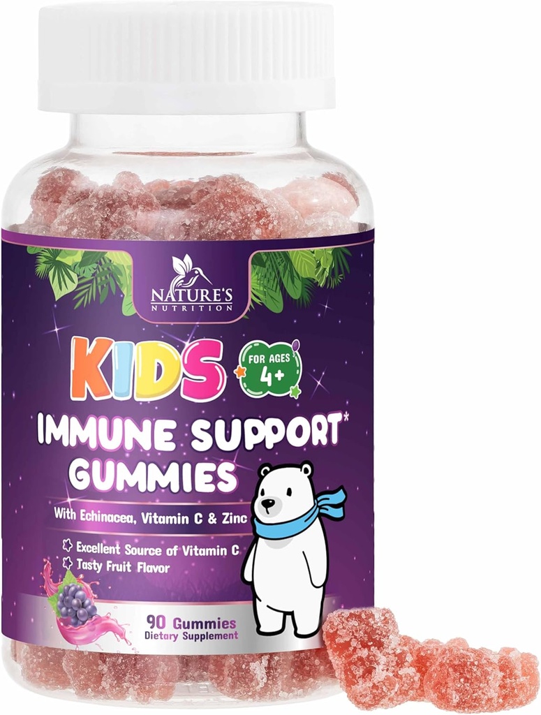 儿童免疫支持Gummy-维生素C、锌和Echinacea、4岁及以上儿童每日免疫健康支持Gummy、儿童自然维生素、Vegan和Non-GMO、Berry Flavor-90 Gummy