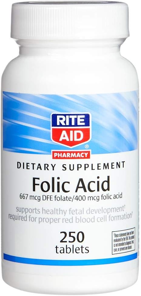Rite Aid Folic酸,667 mcg DFE Folate / 400 mcg Folic酸,250 mcg Folic酸, 250 平方块 营养补充 QQ Folic Acid 400 MCG 含Folic酸的产前维生素