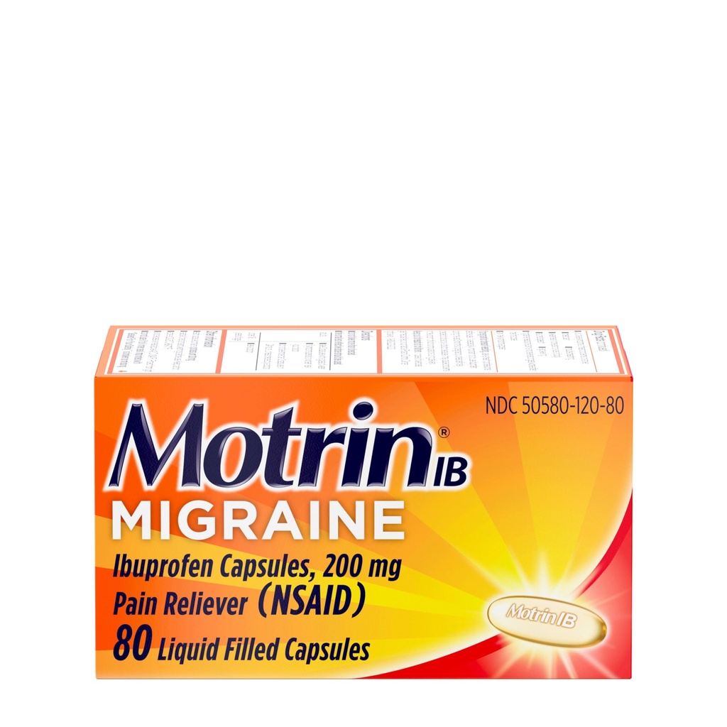 Motrin IB Migraine Relief Liquid Gel Capsules,每卡普尔含200毫克Ibuprofen,快效米格雷因头痛药,配有NSAID Pain Reliver Ibuprofen,无咖啡因,80厘米