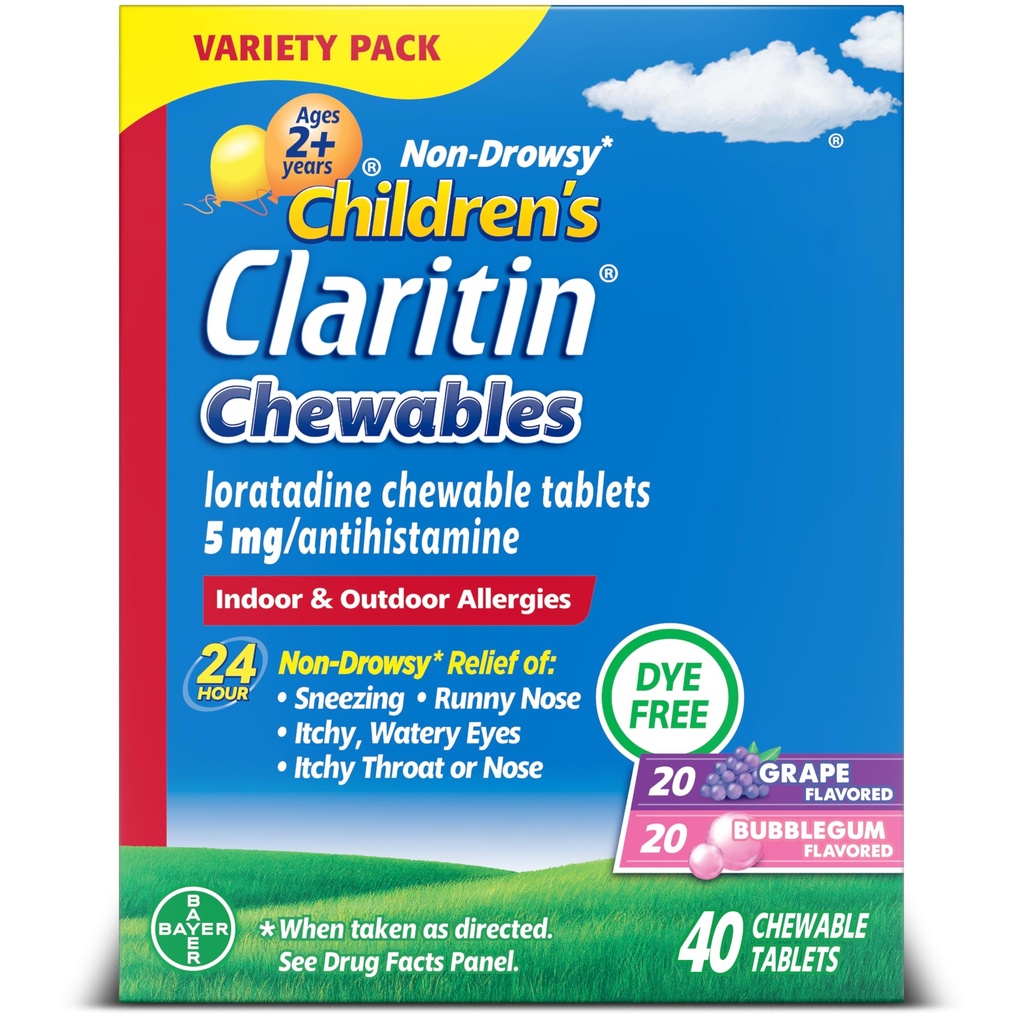 Claritin儿童过敏医学,24Hour 非醉酒 Loratadine 5mg Chewable Talet, 儿童2岁和老年人的安非他明,Grape & Bubble Gum Flavors, 40 片
