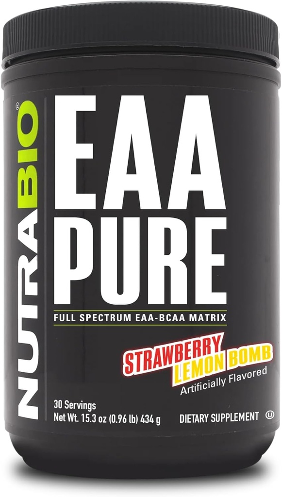 NutraBio – EAA纯 – 9 氨基酸 – 肌肉修补与恢复,30种服务,草莓柠檬炸弹 – 工作前或工作后 – 全天恢复