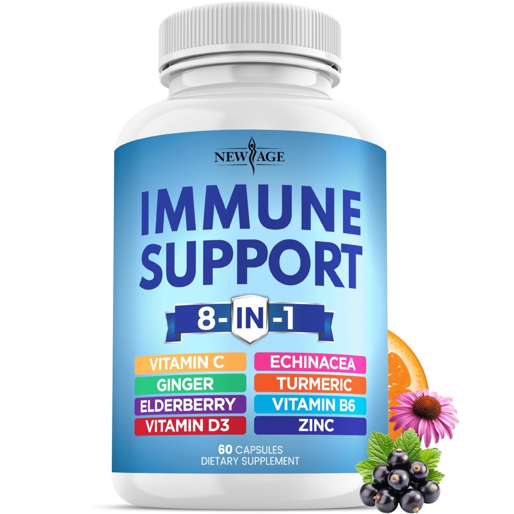 新AGE 8 in 1 Imunal Support Buster Supplement 配有 Echinacea,维生素C和锌50mg,维生素D5000 IU,Turmeric Curcumin & Ginger, B6, 老年莓60 Count (Pack of 1).