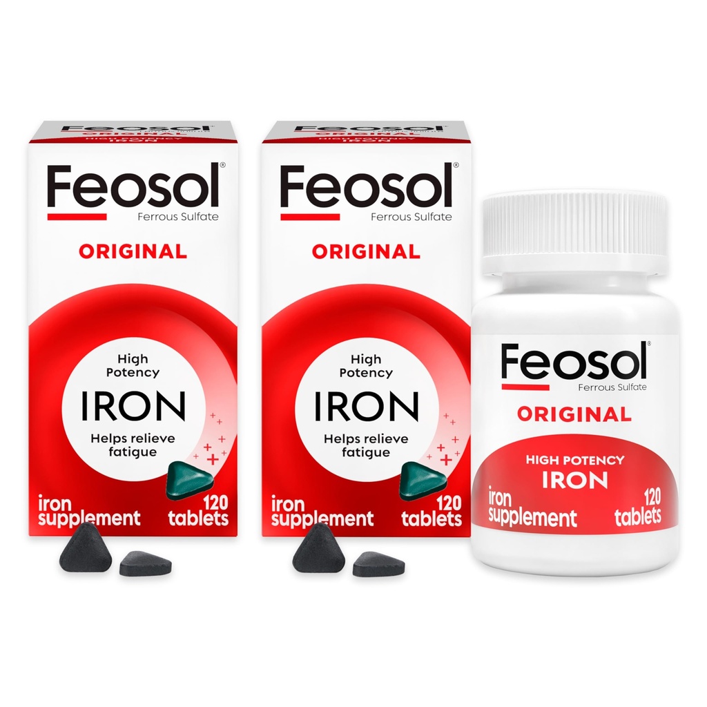 Feosol 原始铁补充片,每罐非热量325mg Ferrous Sulfate(65mg元素铁),每天1台,4个月供应,供能源和免疫系统支持(120吨包装2)