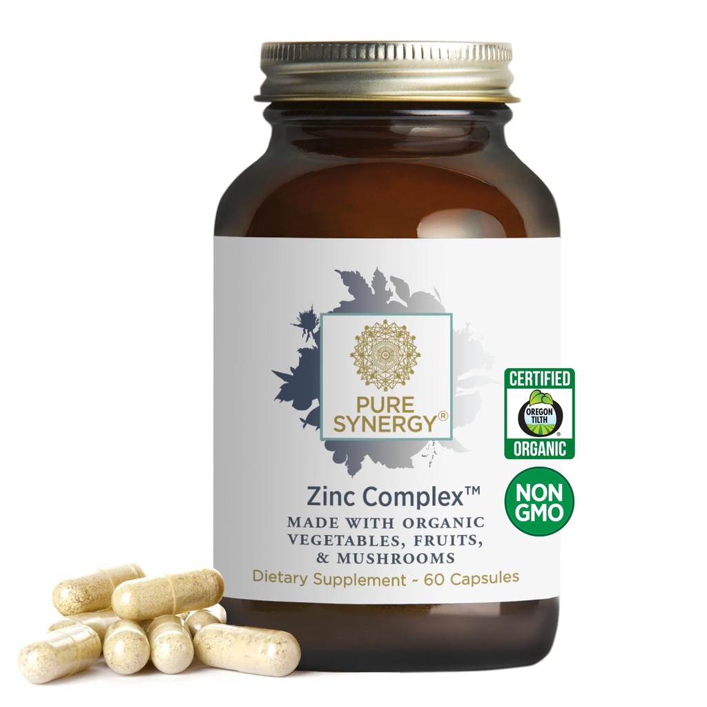 SYNERGY Zinc Complex + 免疫支持 + 天然, Vegan Zinc Complex 含维生素 C 和有机全食品 + 用于免疫、脑和皮肤健康(60卡普勒斯)