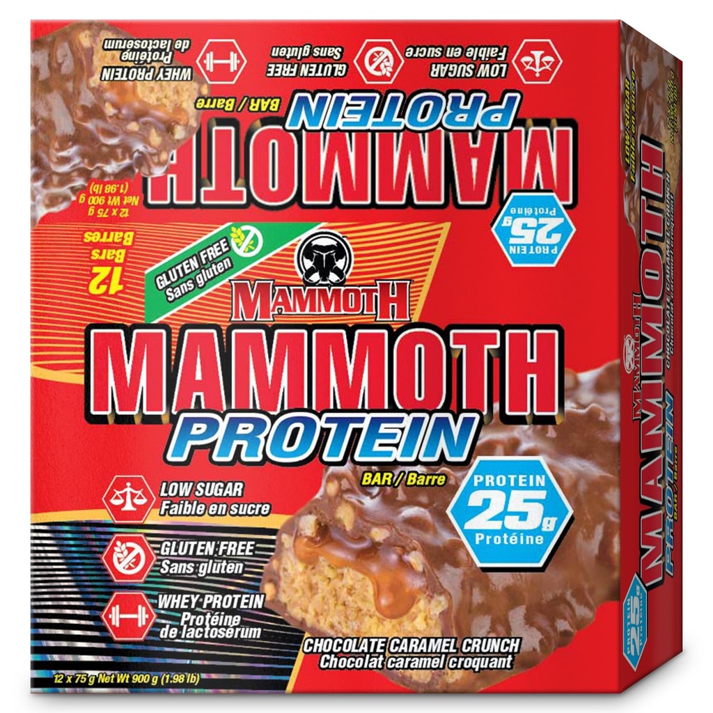 MAMMOTH 蛋白棒,巧克力花生酱 Crunch, 25g蛋白, 低糖, 低碳, Gluten Free, 12 x 65g (12 count) (巧克力花生酱 Crunch) (12 count, 巧克力焦糖 Crunch)