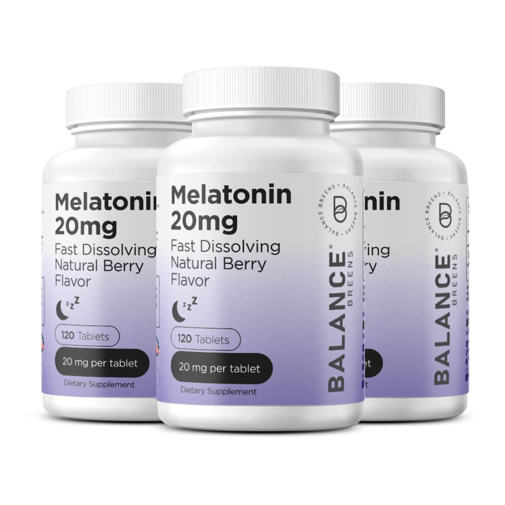 平衡breens Melatonin 20mg快速溶解药片 - 高Potency,快速演绎,自然睡眠支持 - 成人睡眠援助 - 非格鲁吉,无药方 - 120 睡眠药片
