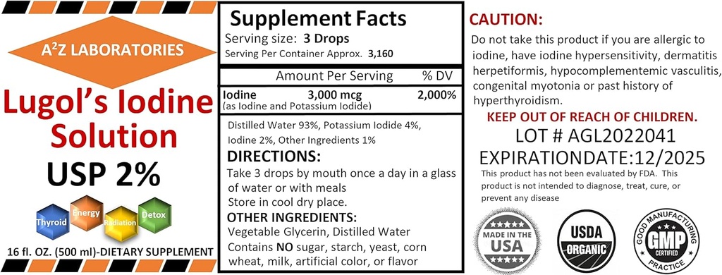 1x16 OZ Organic Lugol的碘和碘酸钾 2% 溶液3000 mcg - Liquid 补充滴液,用于甲状腺素支持女性和男性,代谢体健康,Detox Boost -16 Fl Oz/Ships Today!