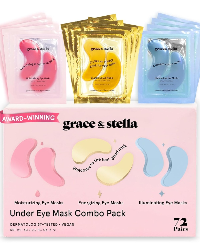 Grace & Stella Under Eye Mask - 减少暗黑圆圈,普菲眼,下眼袋,皱纹 - Gel Under Eye Patches, Vegan Cruty-Free Life Care (72 Pairs, Goldpink Blue) (英语).