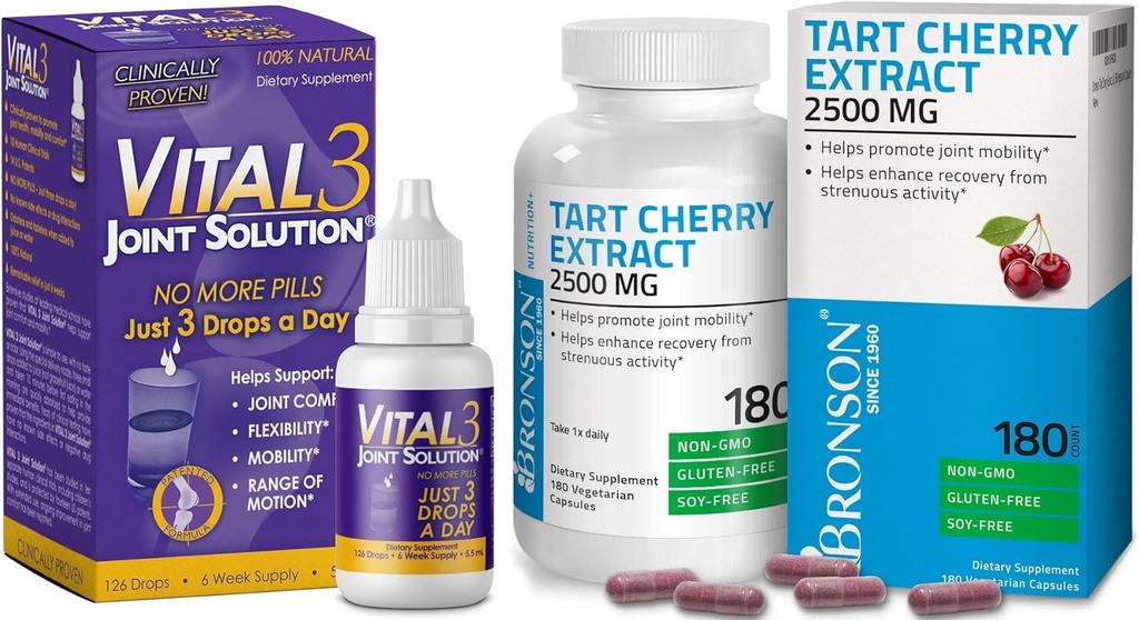 Bronson Virtual 3 联合解决方案 临床证明液体膝盖救济补充剂 Tart Cherry 提取 2500 mg 蔬菜卡普尔